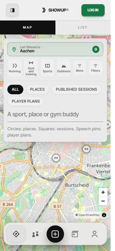 Showup map of Aachen with sports places, published sessions and player plan filters